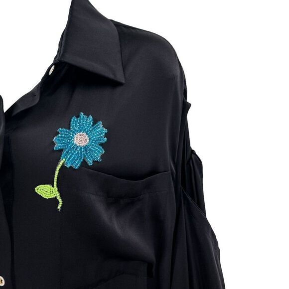 Natasha Zinko 100% Silk Floral Beaded Embellished Ruffle Midi Shirt Dress - Picture 7 of 16